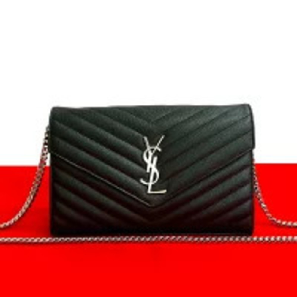 SAINT LAURENT PARIS YSL Logo Leather Chain Shoulder Bag Black